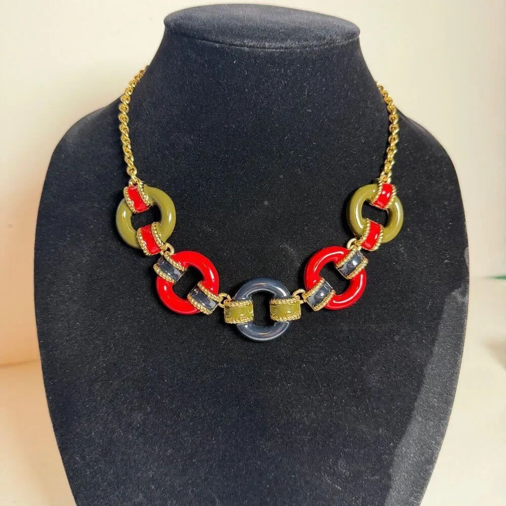 Talbots Gold Tone Enamel Link Necklace Red Blue Olive Green Statement 21"